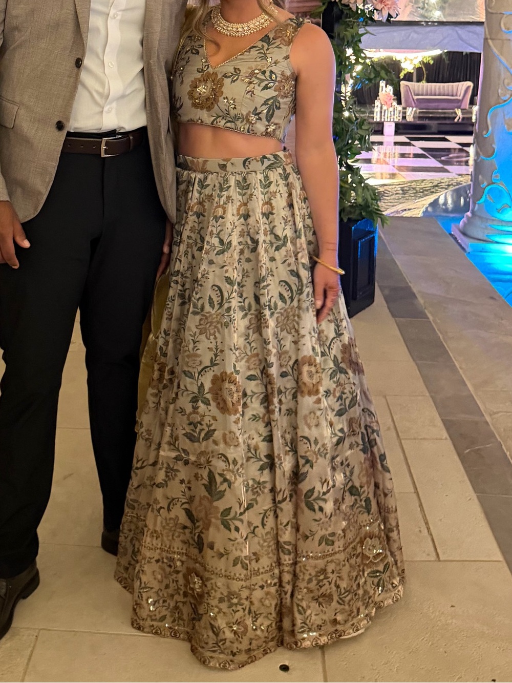 Beige Floral Embroidered LEHENGAS Top & Skirt Set